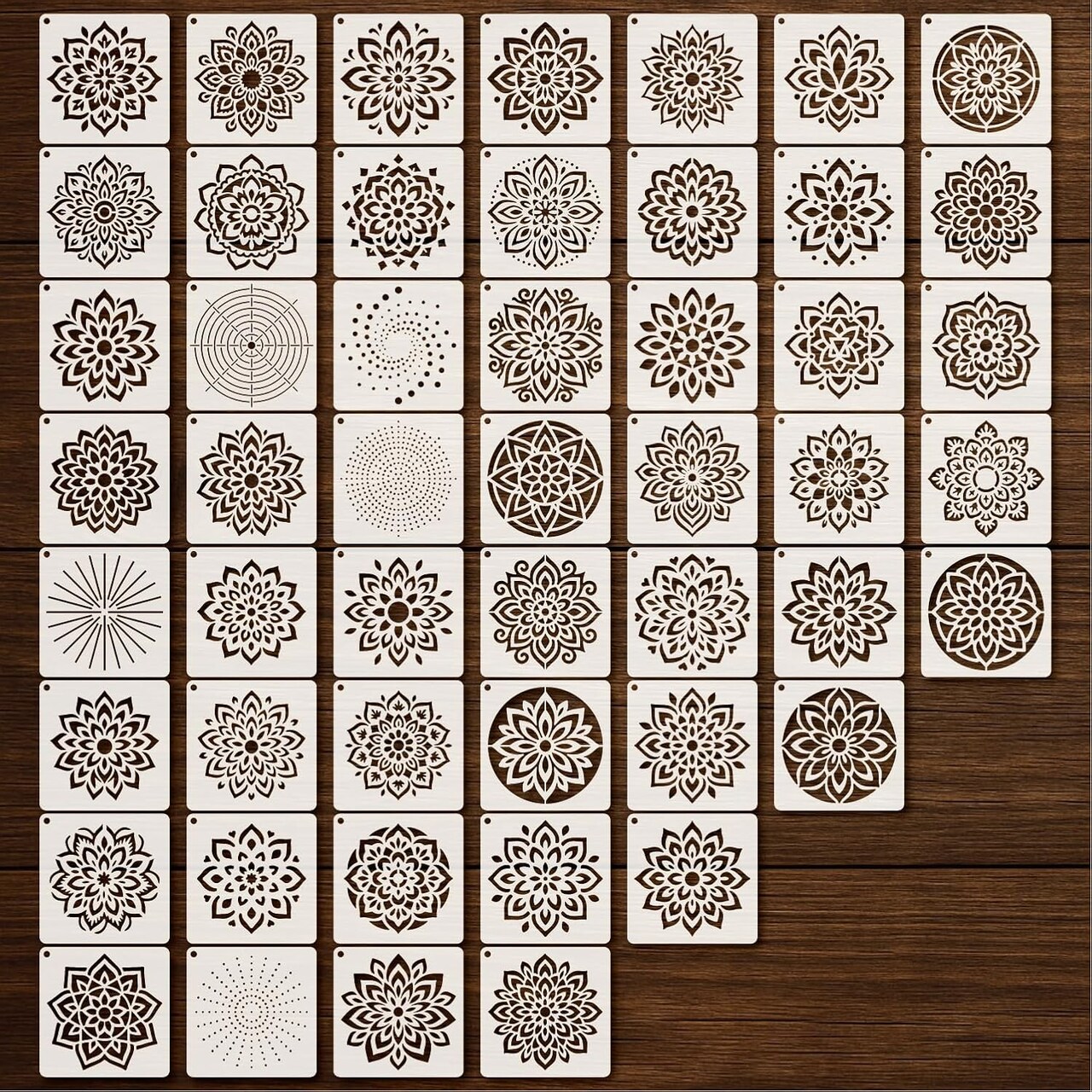 50-Piece Mandala Stencil Set (4 Inch) – Reusable Plastic Craft Paint Templates for DIY Art on Wood, Fabric, Wall, Window, Canvas & Home Decor